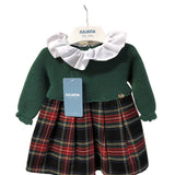 Vestido Cuerpo Punto Falda Tela Cuadros Escoceses Verde Musgo