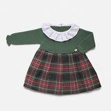 Vestido Cuerpo Punto Falda Tela Cuadros Escoceses Verde Musgo