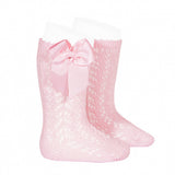 Calcetines Altos Perlé Calados con Lazo Grogrén Rosa