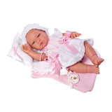 MUÑECA MARÍA CON VESTIDO BLANCO PUNTO ROSA Y ALMOHADA